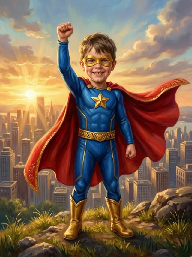 AI-generated canvas print of a boy reimagined as a caped superhero