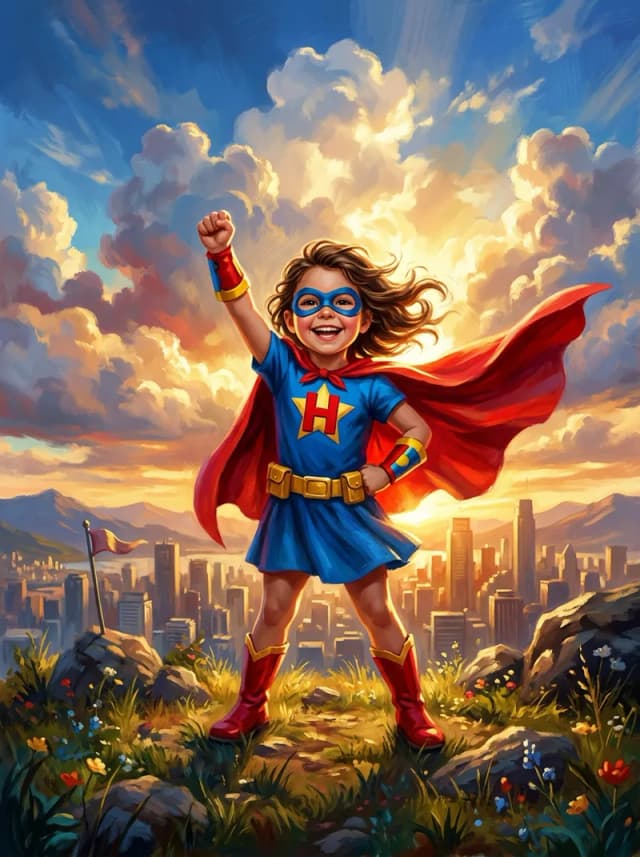 AI-generated canvas print of a girl reimagined as a caped superhero