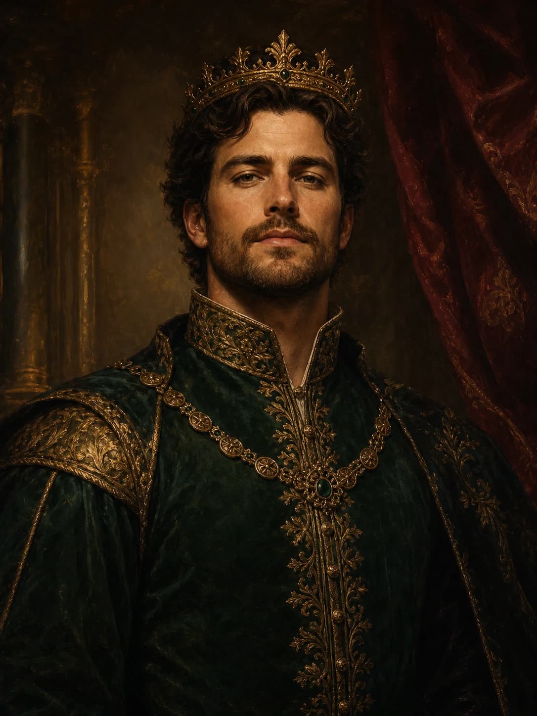 Classical oil portrait of a man reimagined in the Sovereign Majesty style