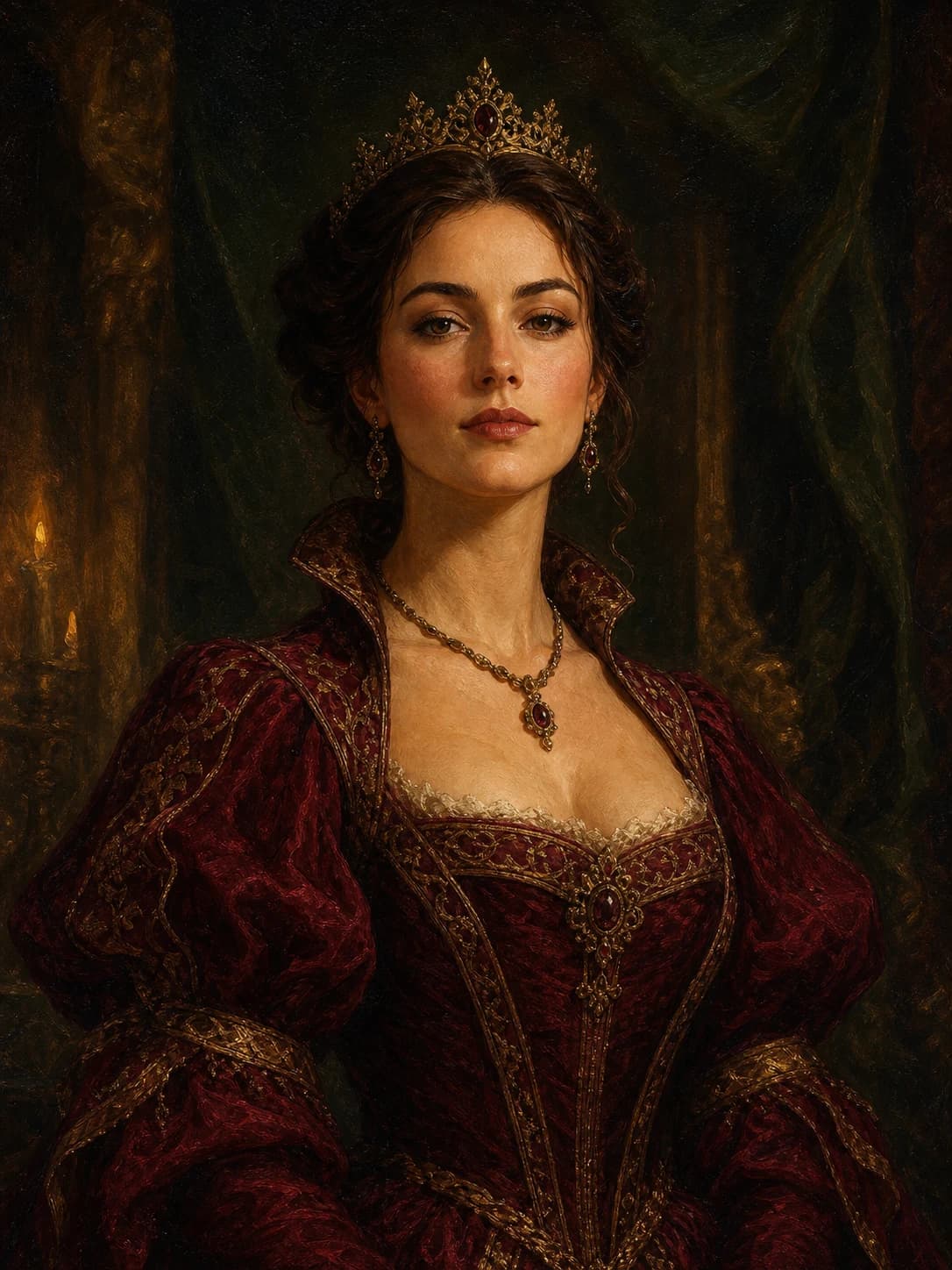 Classical oil portrait of a woman reimagined in the Crimson Court Majesty style