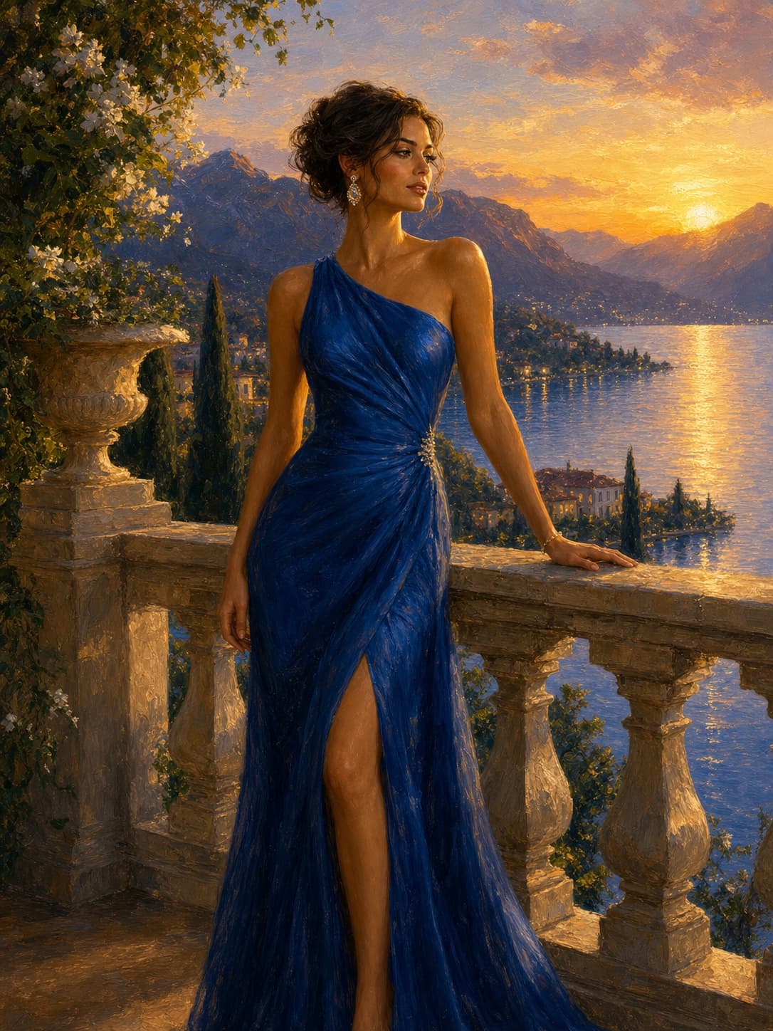 Oil painting of a woman in a blue gown overlooking Lake Como