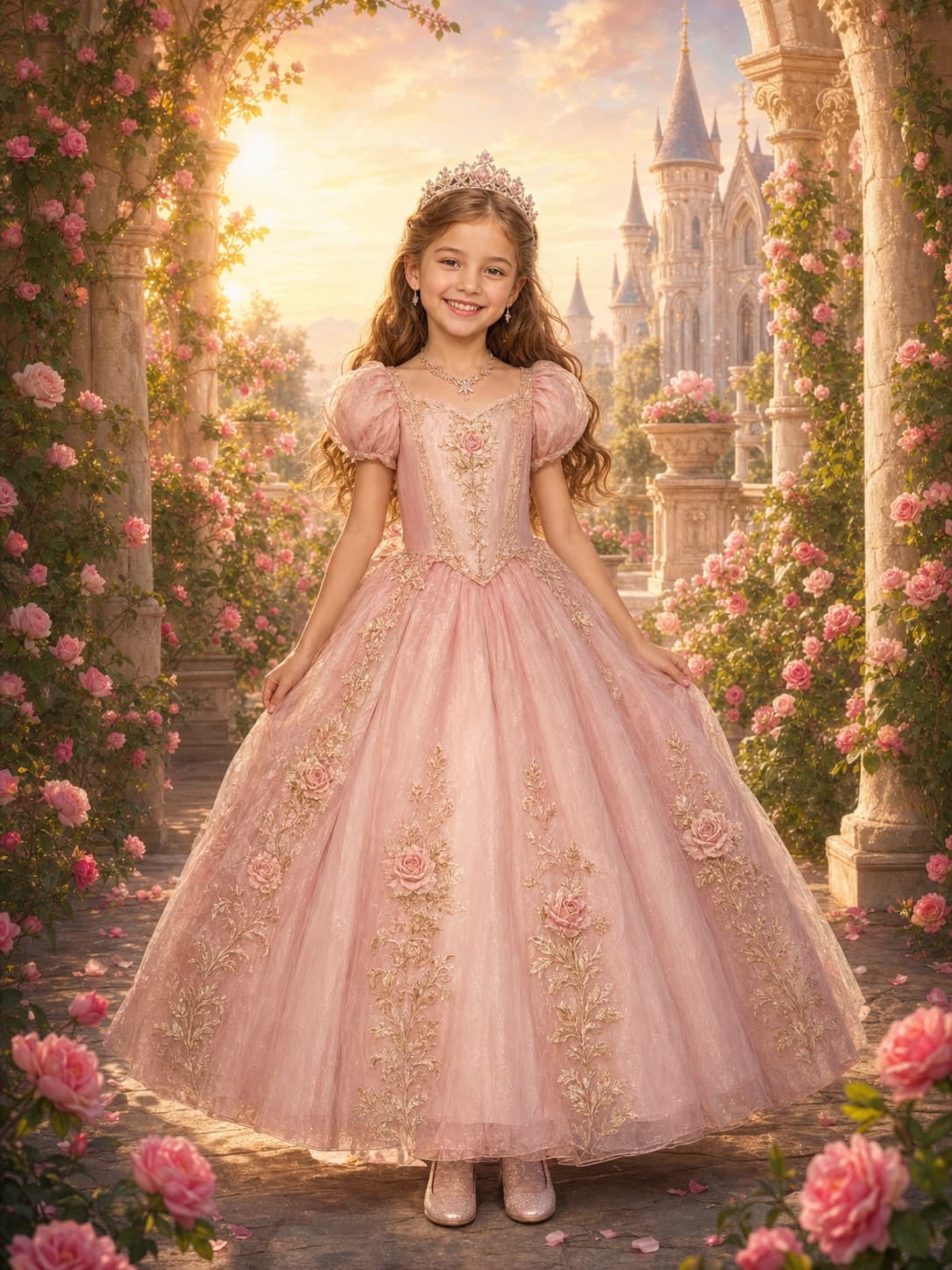 Storybook painting of a princess in a rose garden