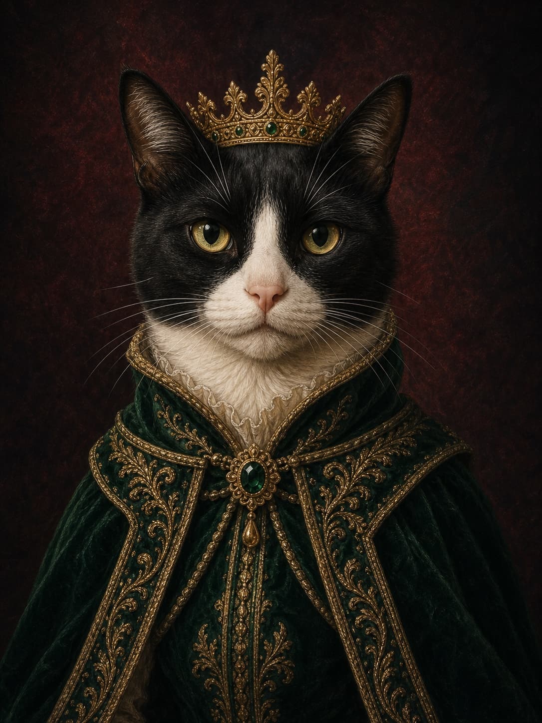 Renaissance portrait of a crowned tuxedo cat