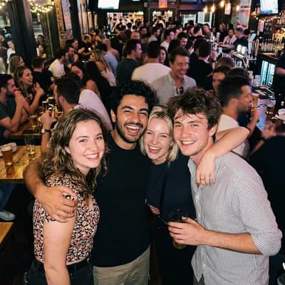 Group photo with a crowd of strangers