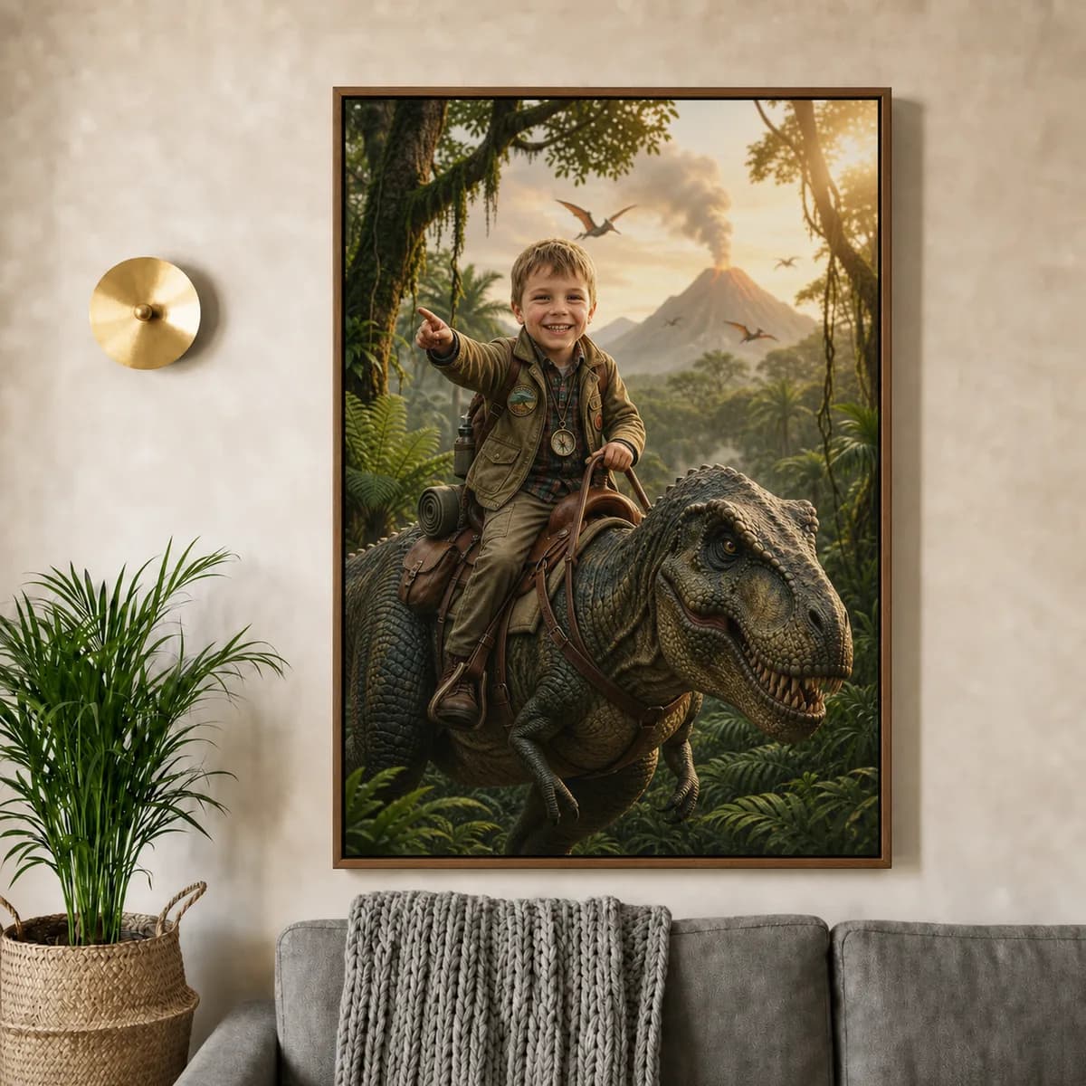 AI portrait canvas of a boy hanging on a living room wall