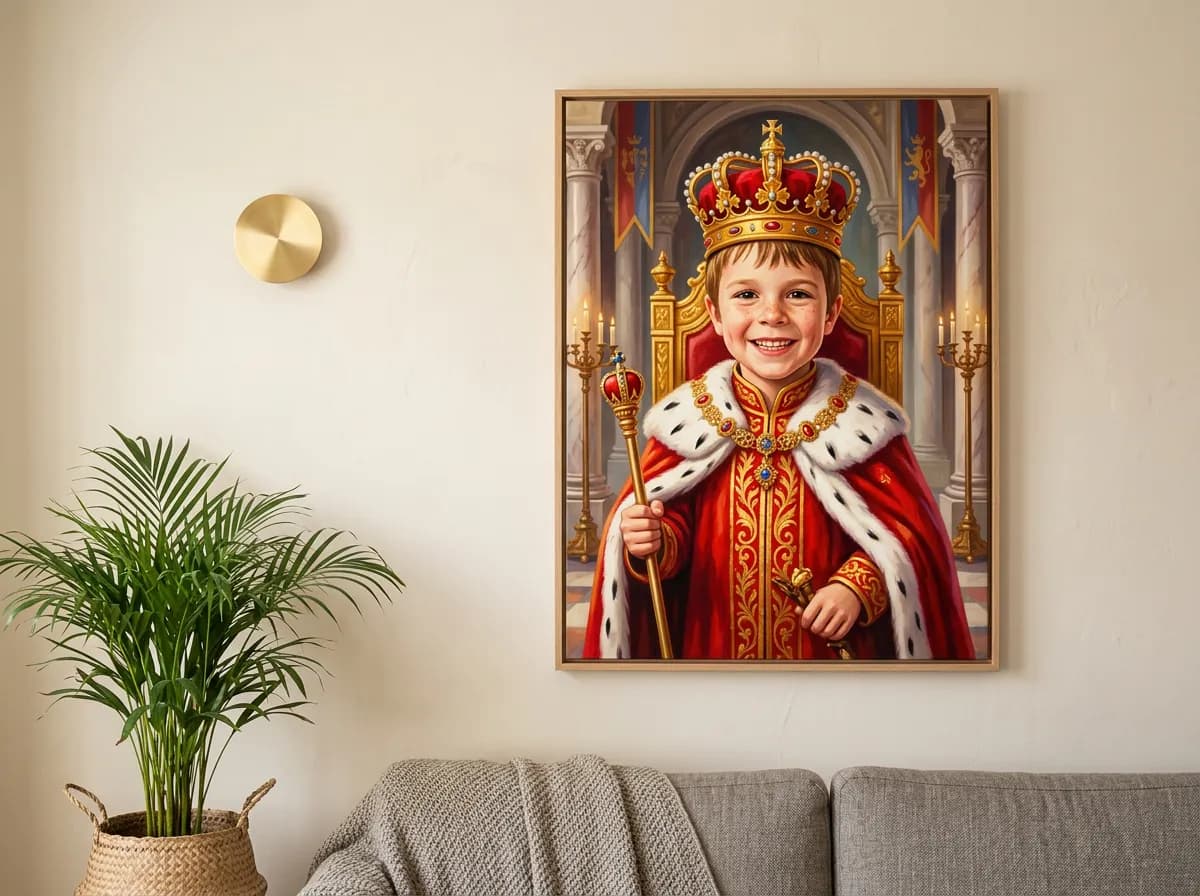 AI portrait canvas of a boy hanging on a living room wall