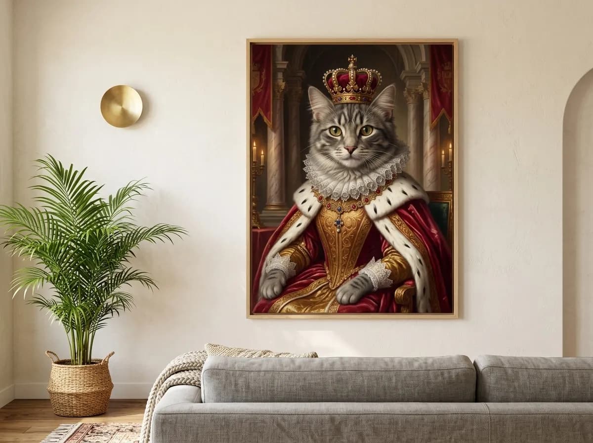 AI portrait canvas of a cat hanging on a living room wall