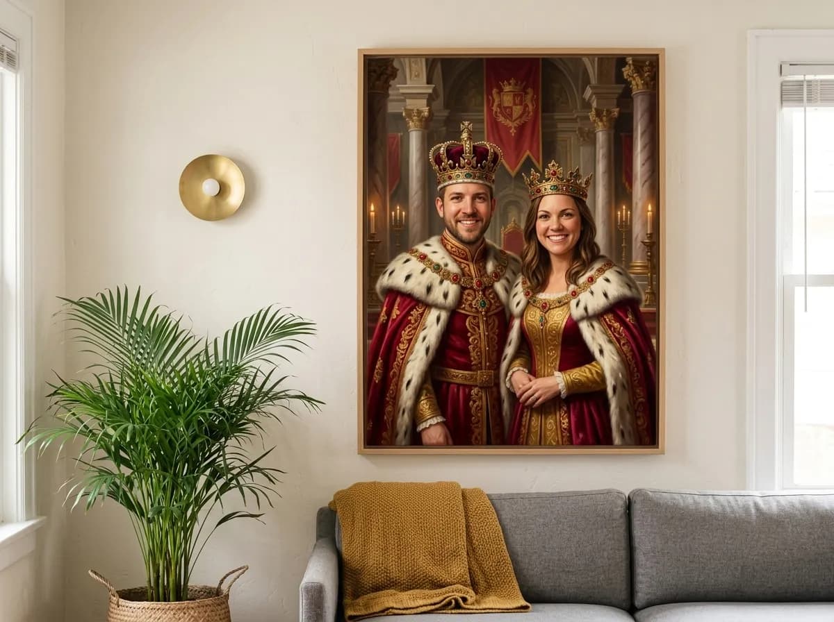 AI portrait canvas of a couple hanging on a living room wall