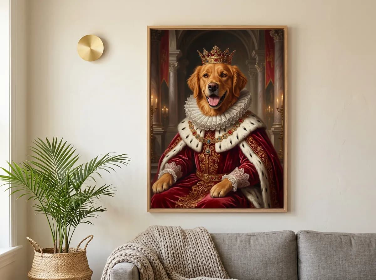 AI portrait canvas of a dog hanging on a living room wall