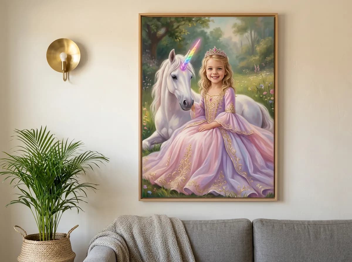 AI portrait canvas of a girl hanging on a living room wall