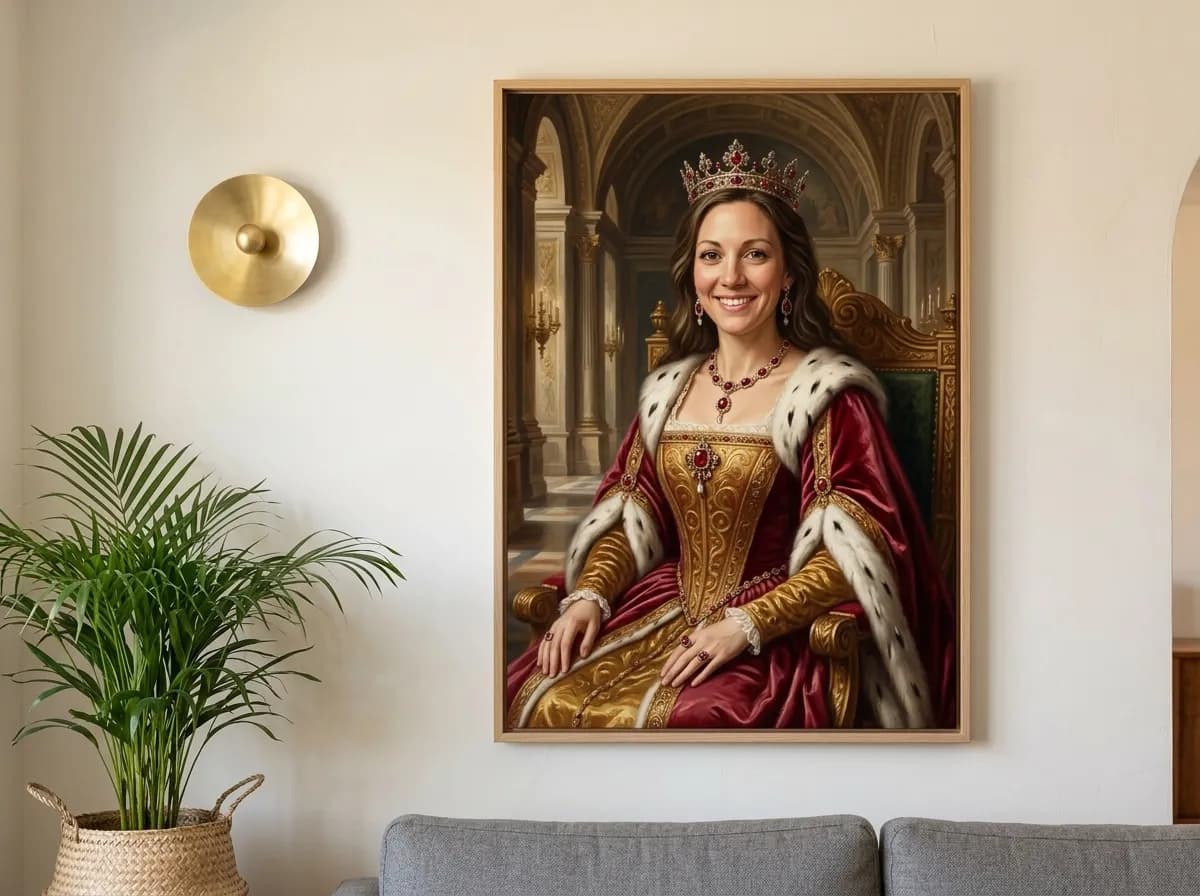 AI portrait canvas hanging on a living room wall