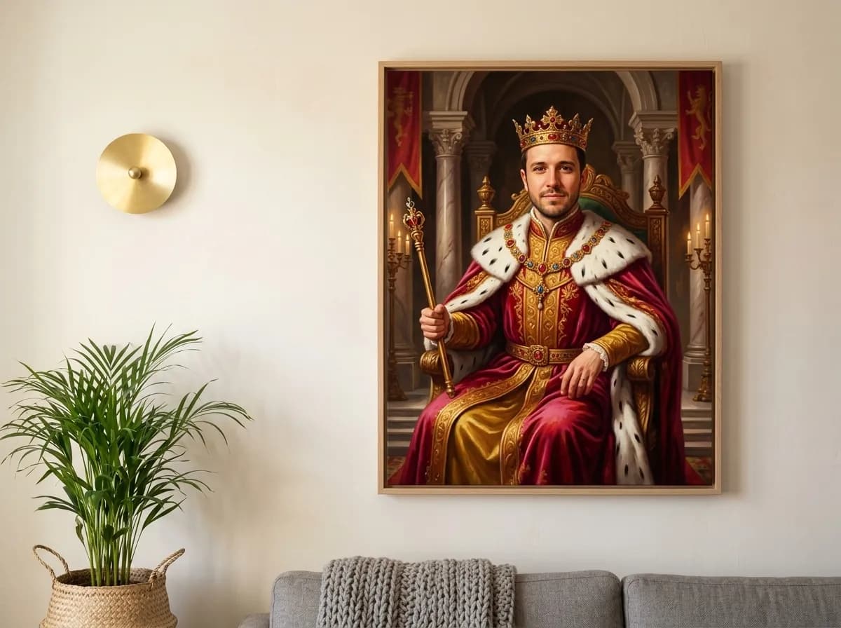 AI portrait canvas of a man hanging on a living room wall