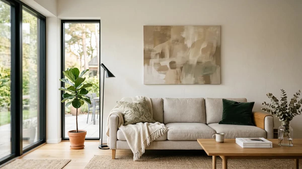 AI-generated landscape canvas print displayed above a bed in a modern bedroom