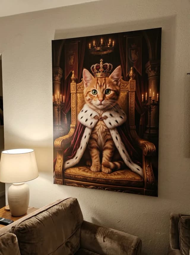 AI-generated canvas print of a cat as a royal king hanging on an apartment wall