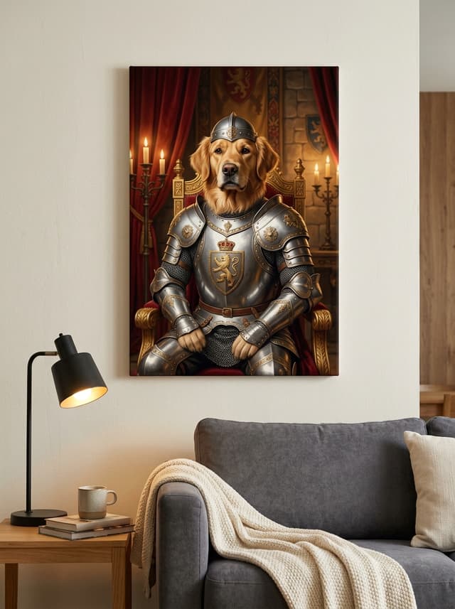 AI-generated canvas print of a dog as a noble knight hanging on a wall