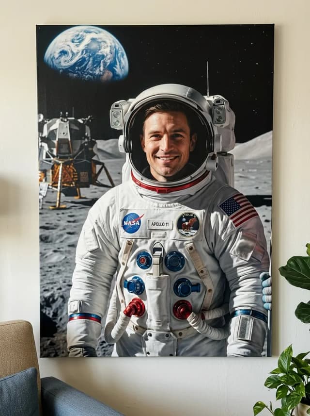 AI-generated canvas print of a man as an Apollo 11 astronaut hanging on a living room wall