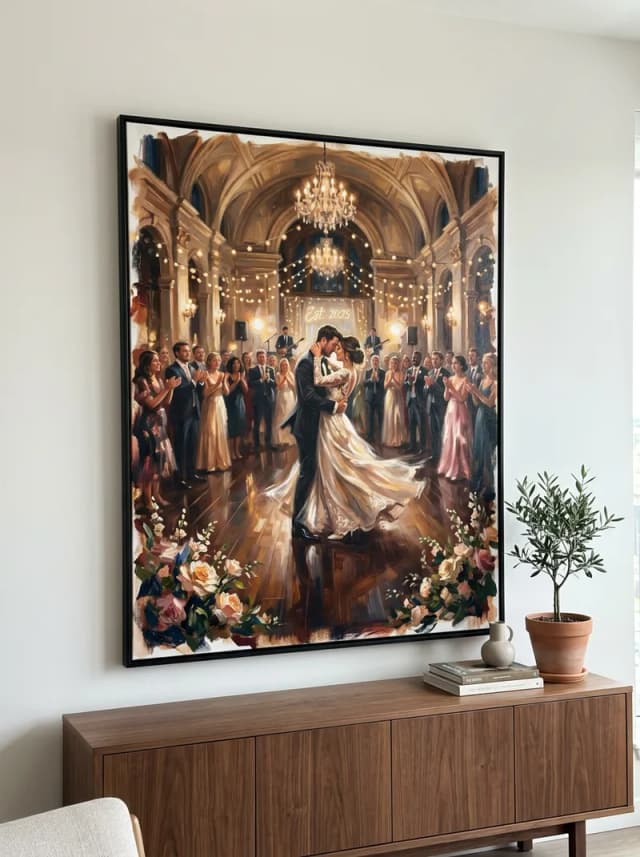 AI-generated oil painting wedding canvas print hanging in a modern apartment