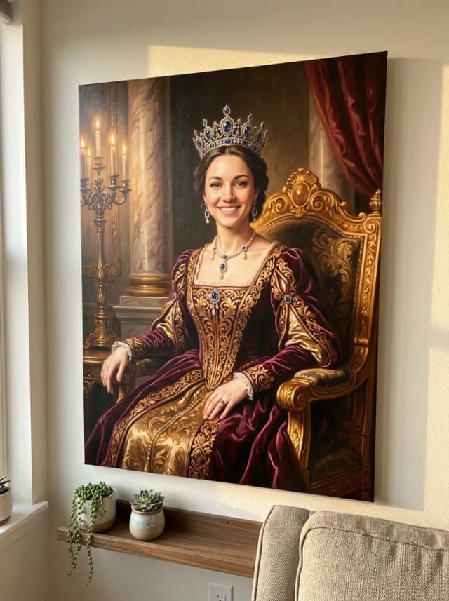 AI-generated canvas print of a woman reimagined as a Greek goddess hanging on an apartment wall