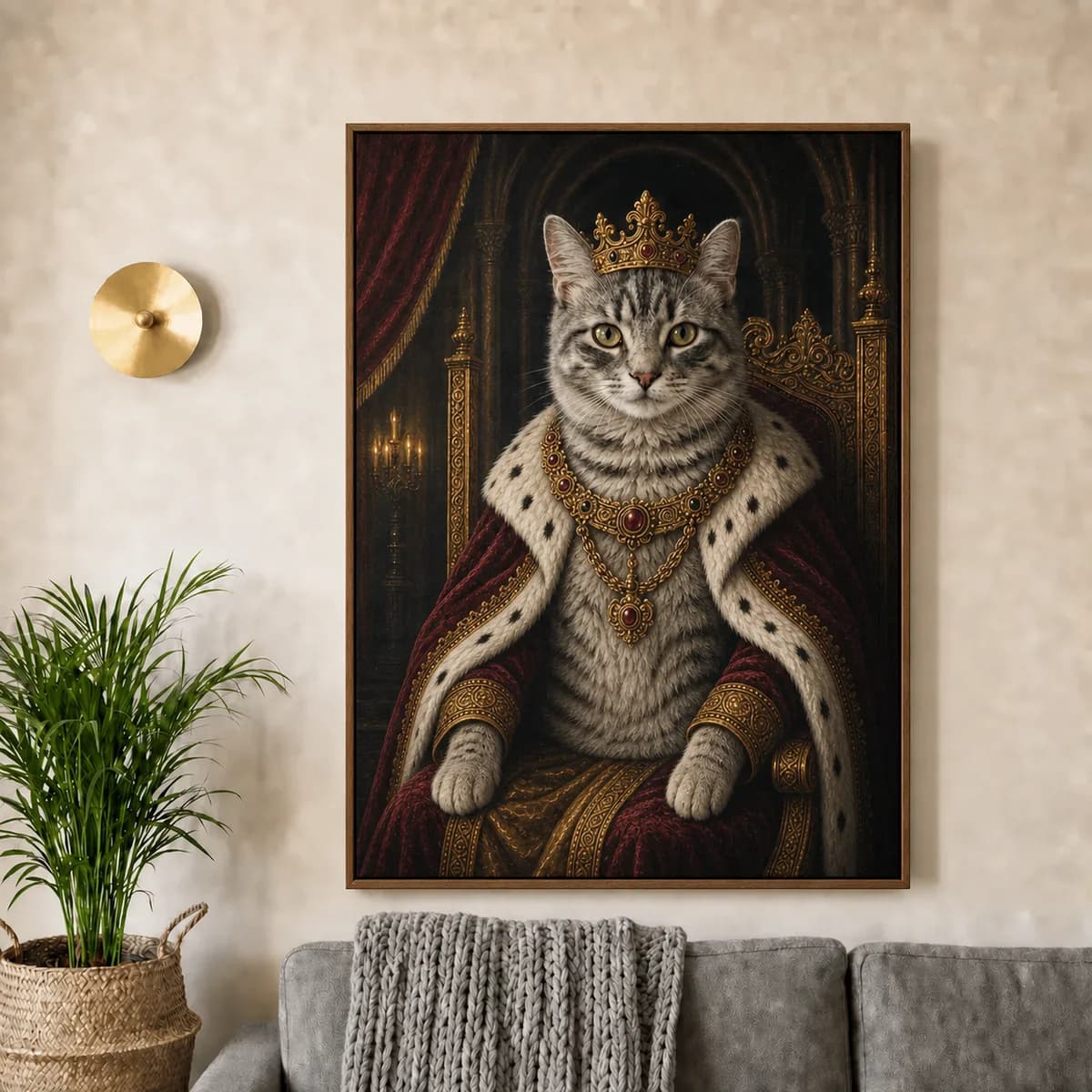 AI portrait canvas of a cat hanging on a living room wall