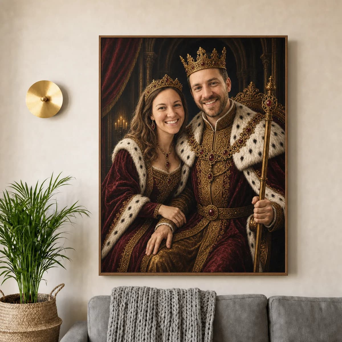 AI portrait canvas of a couple hanging on a living room wall