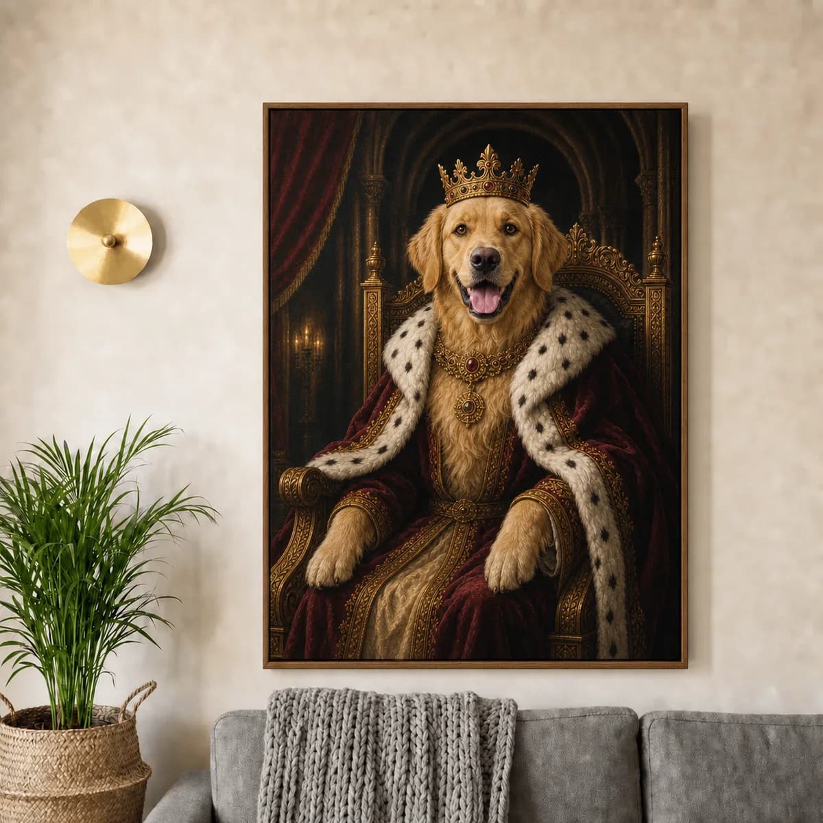 AI portrait canvas of a dog hanging on a living room wall