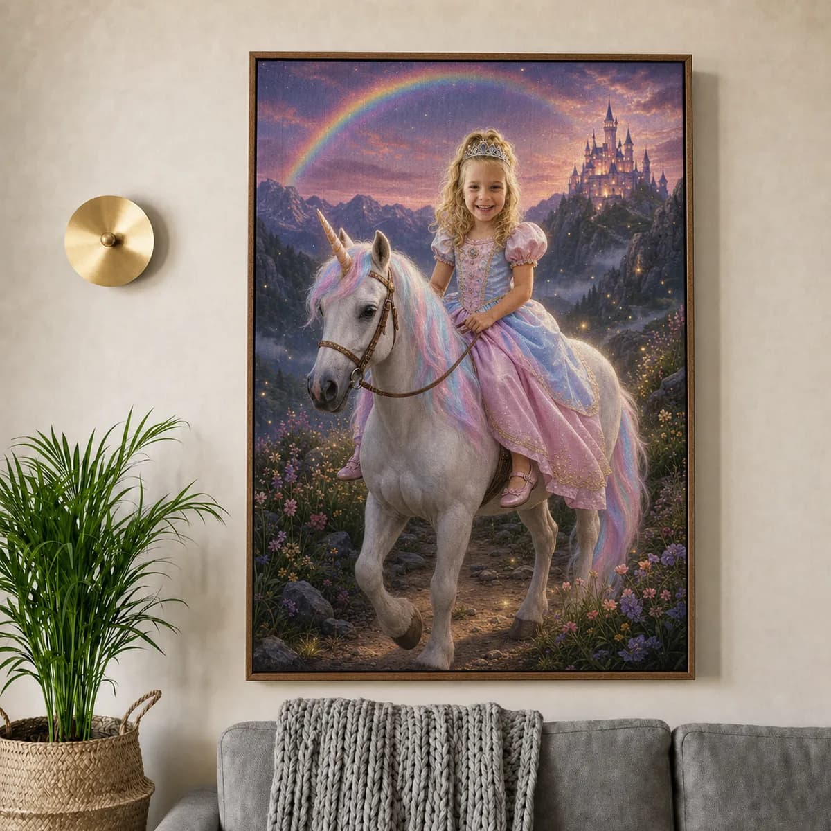 AI portrait canvas of a girl hanging on a living room wall