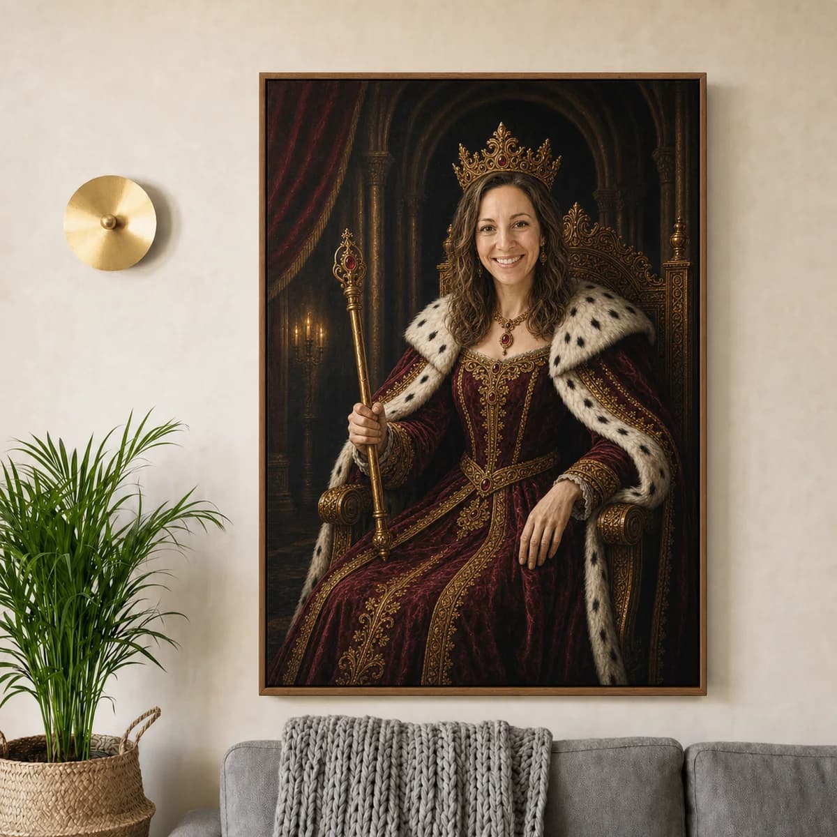 AI portrait canvas hanging on a living room wall