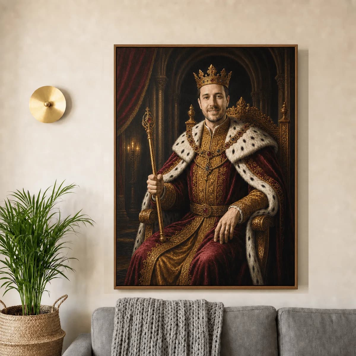 AI portrait canvas of a man hanging on a living room wall