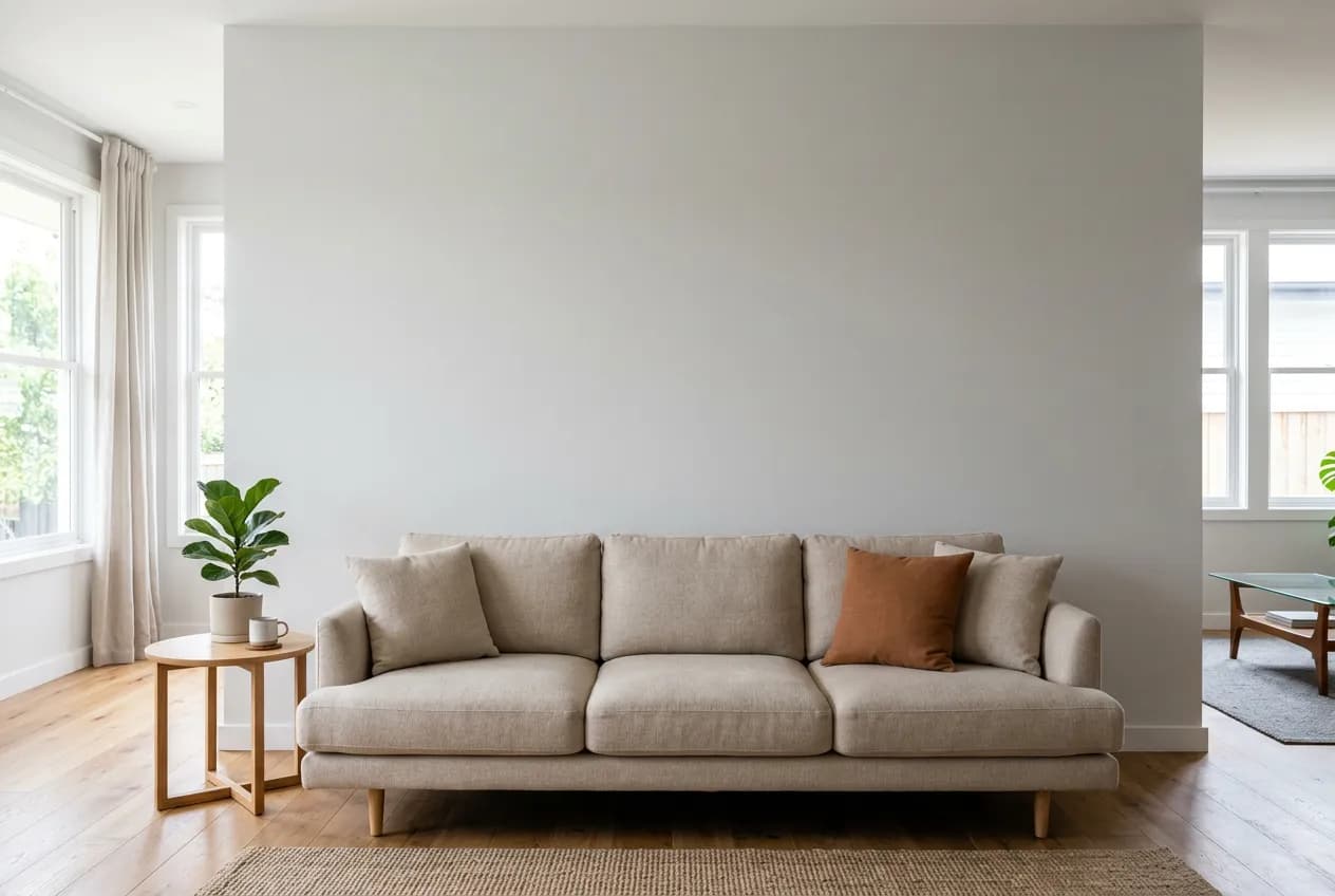 Canvas print sizes shown to scale on a living room wall above a sofa