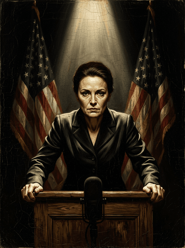 Oil Portrait Woman Podium American Flags